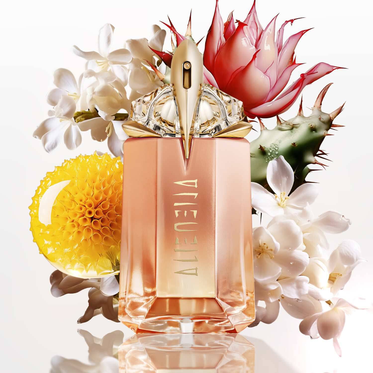 Flacon de parfum elegant avec des fleurs blanches, une fleur rose, et des elements botaniques colores en arriere-plan.