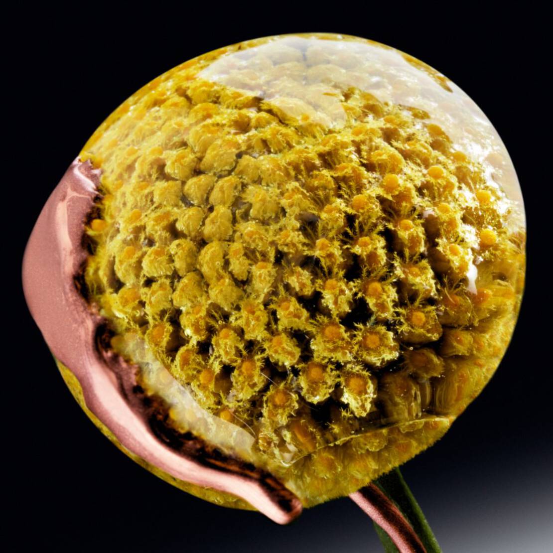 Un cliché de l'absolu de fleur éternelle, avec ses fleurs d'un jaune doré, mettant en valeur les notes de fond florales lumineuses et précieuses de Mugler Alien Goddess Supra Florale