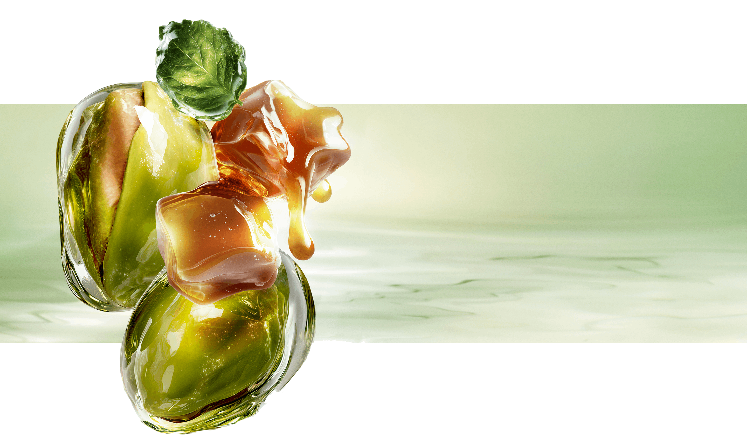 Nouvelle image de nature morte pour le Starlicious Pistachio Praline, mettant en scène le flacon élancé entouré de ses ingrédients phares : une feuille de patchouli, des pistaches entières et des cubes de caramel fondants, le tout sur fond d'eau ondulante d'un vert lumineux.