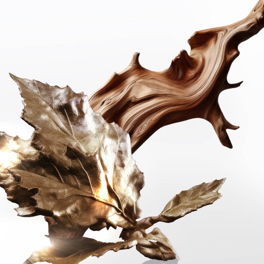 Composition abstraite de feuilles de chêne dorées métalliques entrelacées avec une forme sculpturale tourbillonnante aux veines de bois couleur caramel, évoquant des notes chaudes de patchouli et de bois