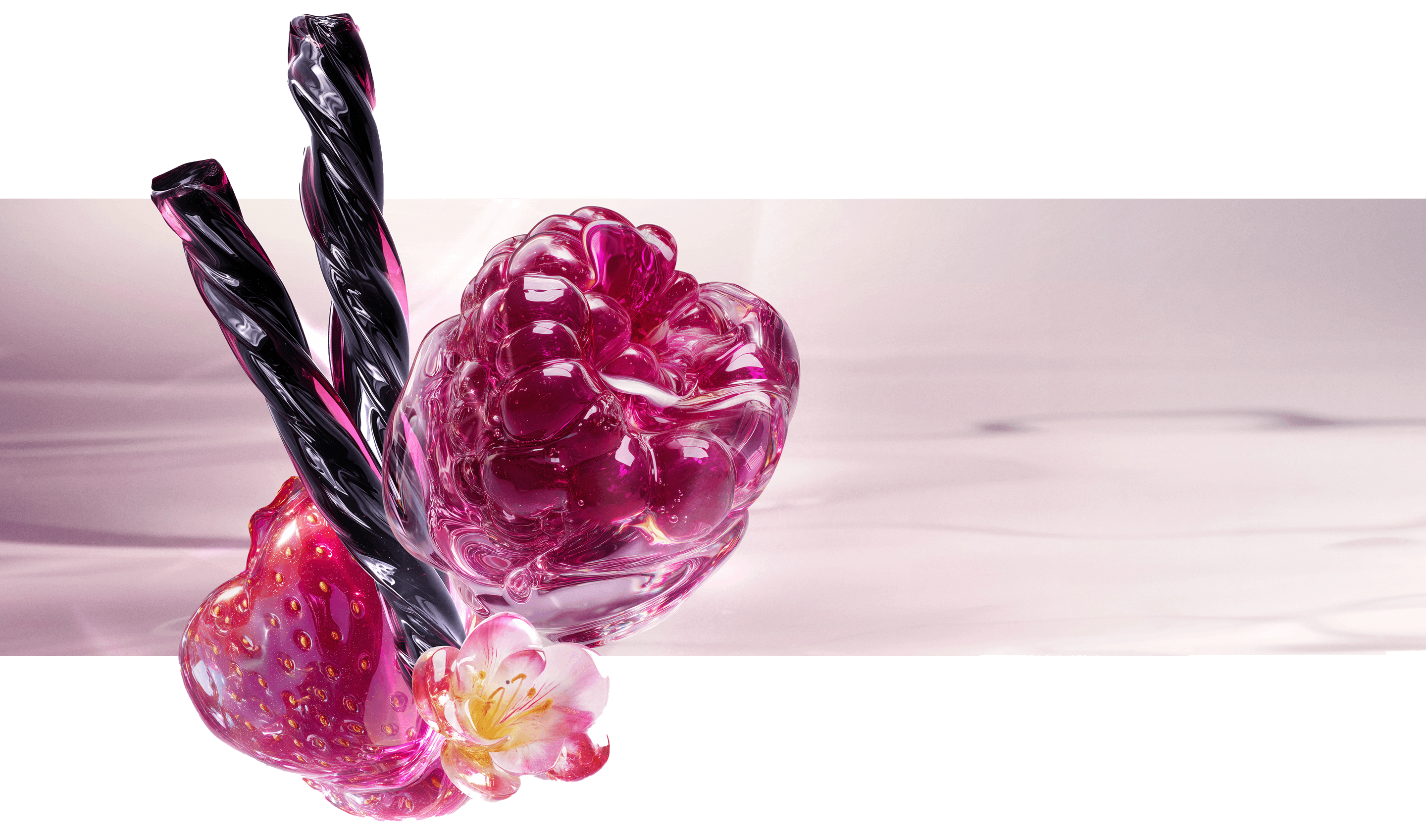 Nouvelle composition de la réglisse Starlicious Berry mettant en scène ses ingrédients phares : une fraise rouge brillante, une framboise éclatante, une fleur rose délicate et des bâtonnets de réglisse noire torsadés, le tout sur fond d'eau ondulante d'un rose tendre.