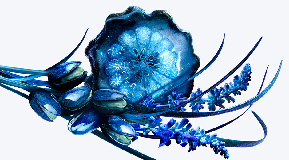 Composition artistique avec une méduse bleue entourée de fleurs et de coquillages, créant une ambiance marine.
