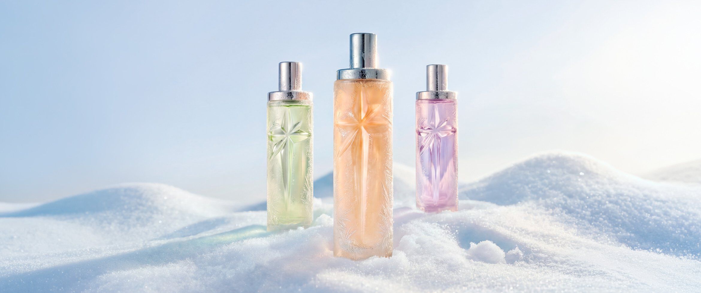 Les flacons de la collection de parfums Starlicious de Mugler, aux teintes vert pastel (Pistachio Praline), orange (Pineapple Musk) et rose (Berry Licorice), sont alignés avec soin sur un doux lit de neige blanche.